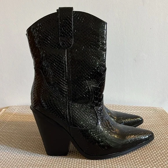 Snakeskin Patent Leather Cowgirl Western Biker Calf Height Cowboy Boots - 7.5/38 - Picture 2 of 12